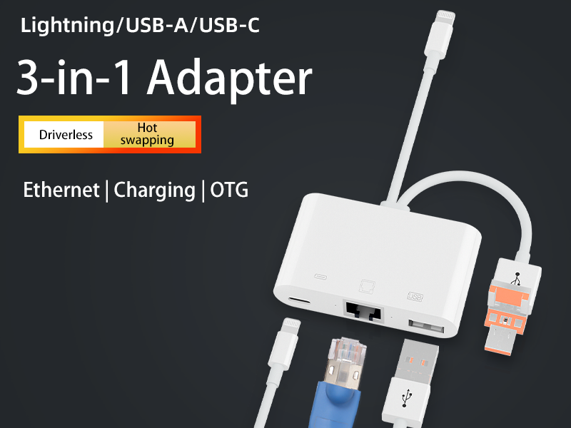 Three-in-one RJ45 network port adapter plug-and-play support keyboard, mouse, USB flash drive is suitable for Apple Android computers