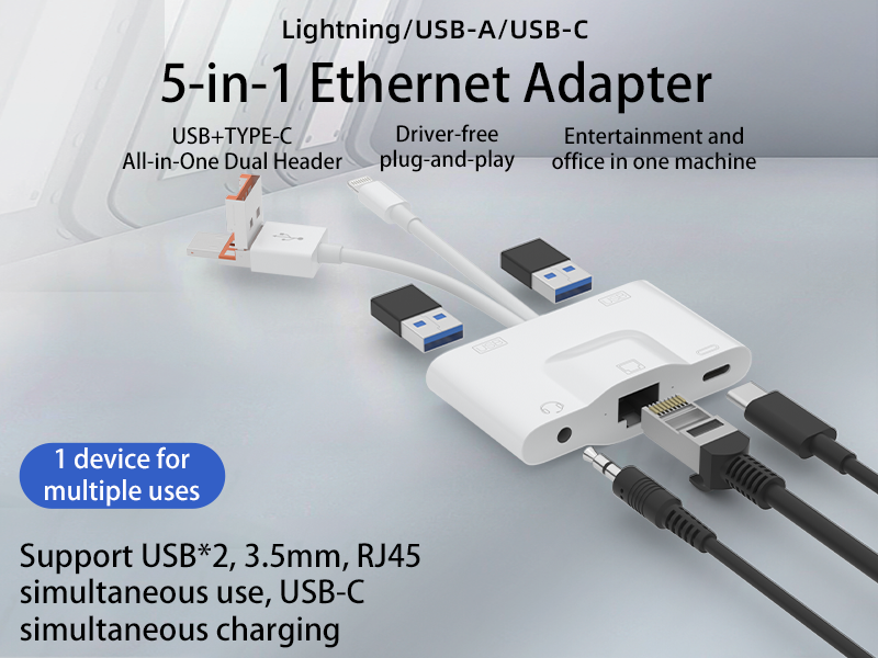 Five-in-one network port RJ45 adapter plug-and-play support keyboard, mouse, USB flash drive is suitable for Apple Android computers