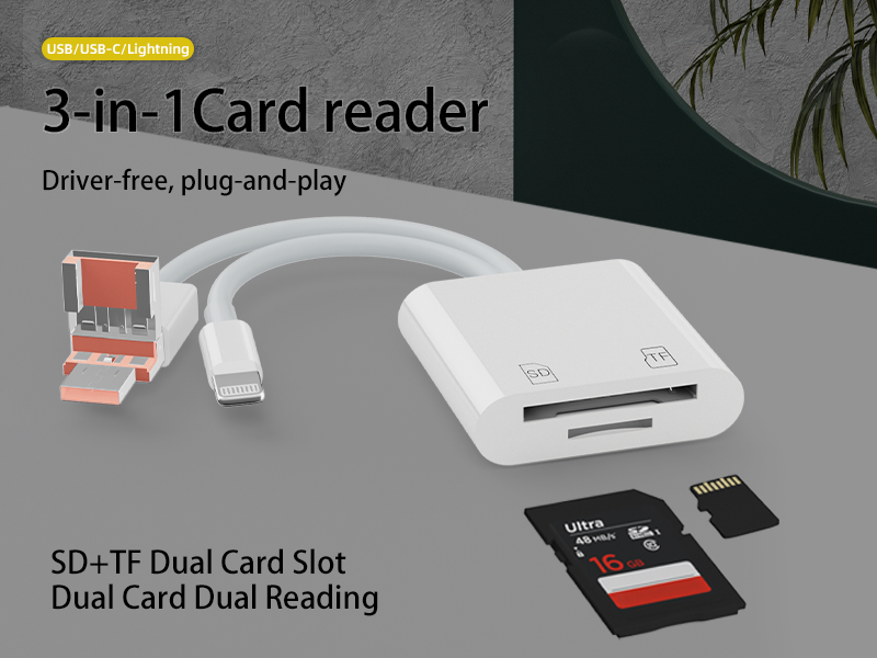 Three-in-one card reader supports SD/TF dual-sIM card reading and mutual transmission files suitable for Apple Android computers