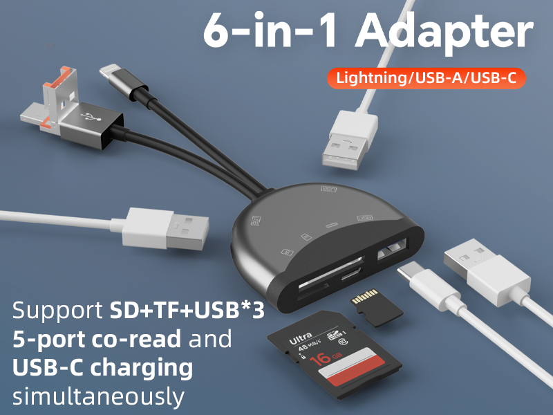 Six-in-one multi-function adapter supports dual-sIM SD/TF keyboard, mouse, USB flash drive camera is suitable for Apple Android computers