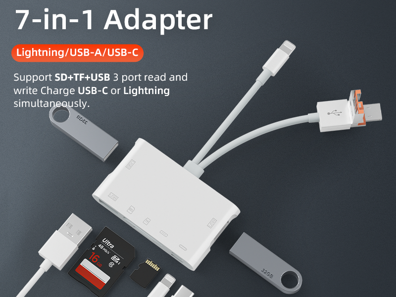 7-in-1 adapter supports SD/TF card keyboard, mouse, USB flash drive is suitable for Apple Android computers