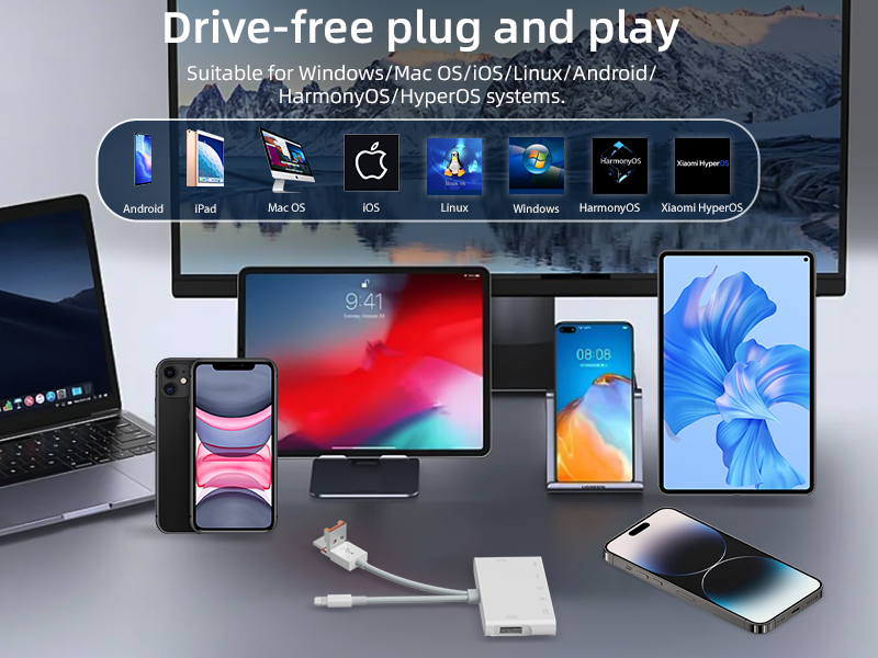 7-in-1 adapter supports SD/TF card keyboard, mouse, USB flash drive is suitable for Apple Android computers