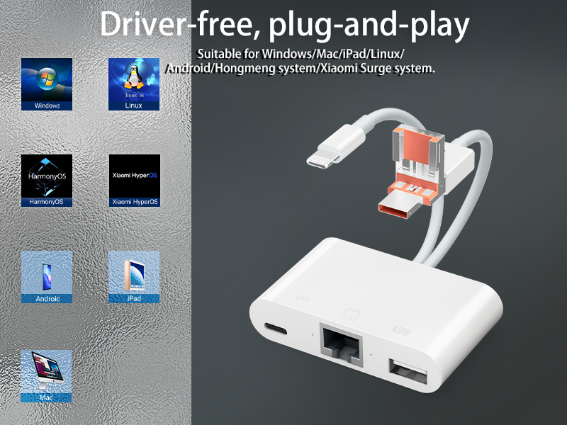 Three-in-one RJ45 network port adapter plug-and-play support keyboard, mouse, USB flash drive is suitable for Apple Android computers