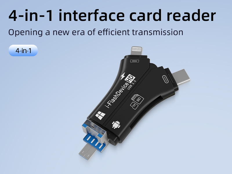 This 4-in-1 mobile phone card reader is suitable for Apple Type-C and Android phones, and supports TF card. It is a multifunctional universal card  reader