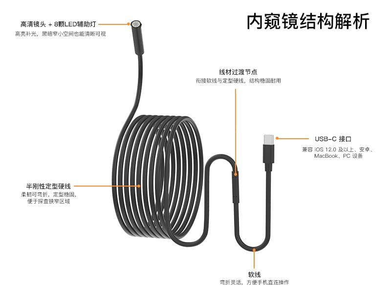 高清工业内窥镜 可定型蛇管防水摄像头汽车空调管道检测探头