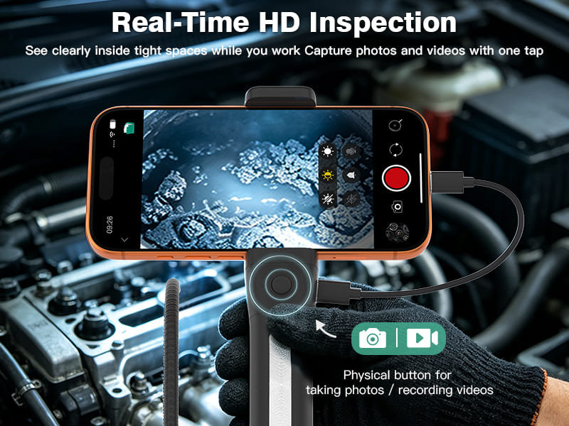 Handheld steering industrial endoscope front spring bendable probe integrated phone holder for iOS and Android
