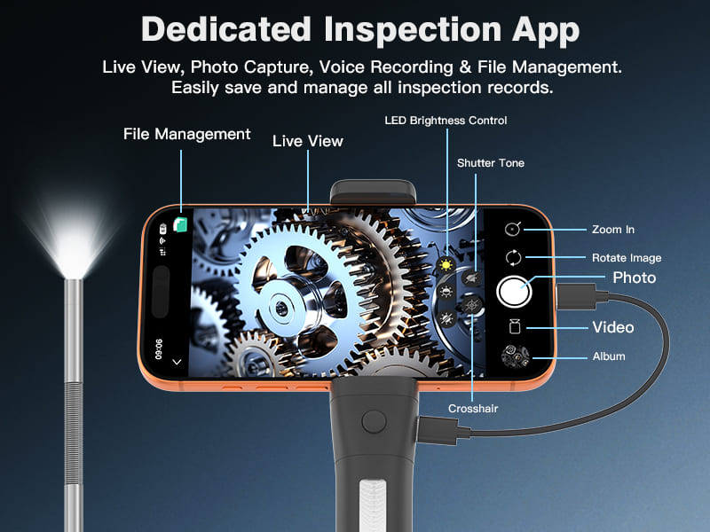 Handheld steering industrial endoscope front spring bendable probe integrated phone holder for iOS and Android