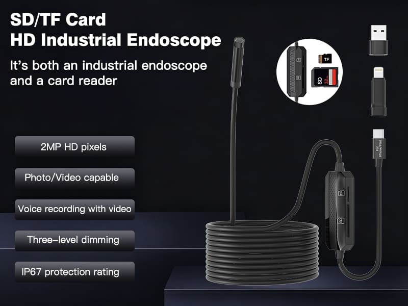 2-in-1 Industrial Endoscope with SD/TF Card Reader, 2MP HD Inspection Camera, IP67 Waterproof 8mm Semi-Rigid Probe for iPhone, Android & Windows