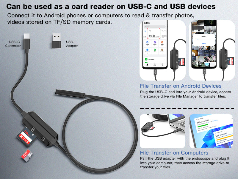 2-in-1 Industrial Endoscope with SD/TF Card Reader, 2MP HD Inspection Camera, IP67 Waterproof 8mm Semi-Rigid Probe for iPhone, Android & Windows