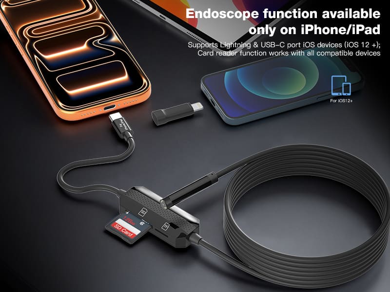 2-in-1 Industrial Endoscope with SD/TF Card Reader, 2MP HD Inspection Camera, IP67 Waterproof 8mm Semi-Rigid Probe for iPhone, Android & Windows