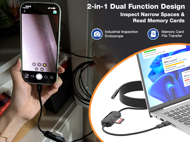 2-in-1 Industrial Endoscope with SD/TF Card Reader, 2MP HD Inspection Camera, IP67 Waterproof 8mm Semi-Rigid Probe for iPhone, Android & Windows