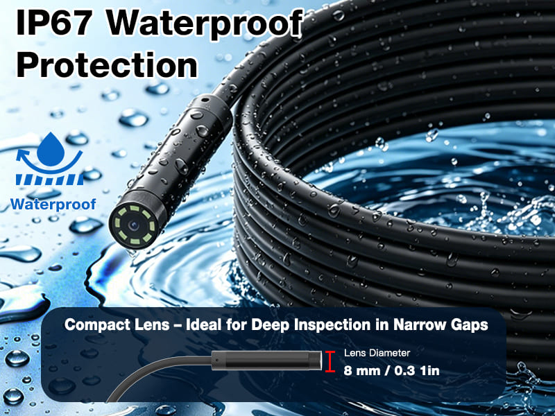2-in-1 Industrial Endoscope with SD/TF Card Reader, 2MP HD Inspection Camera, IP67 Waterproof 8mm Semi-Rigid Probe for iPhone, Android & Windows