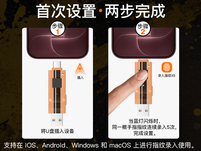 NK-843 纯硬件指纹加密U盘 USB-A/USB-C双接口 免驱即插即用